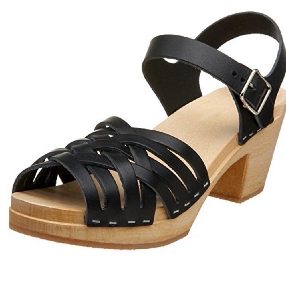 Swedish Hasbeens Black Woven Weave Short Heel